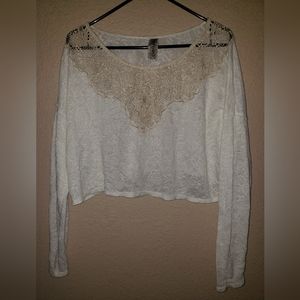 Free People Cropped Oversized Pullover Tee Lace Cream Ecru S Loose